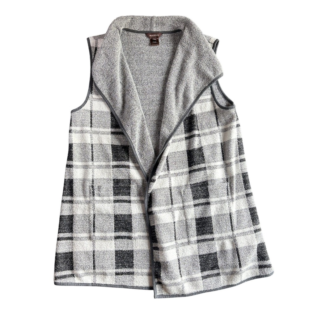 Womens Black White Plaid Knit Sleeveless Vest‎ Shawl Collar Pockets L